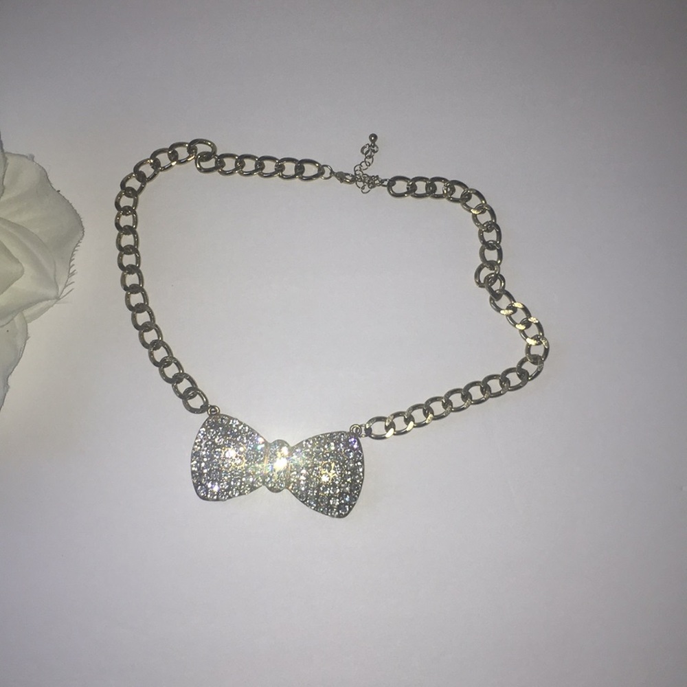 Gold Rhinestone Bow Necklace